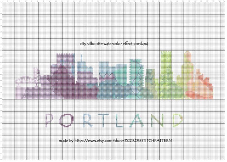 Cross Stitch Pattern Portland Oregon Silhouette Watercolor Effect Decor Embroidery Modern Ornament Usa City Skyline xstitch Diy Chart image 3