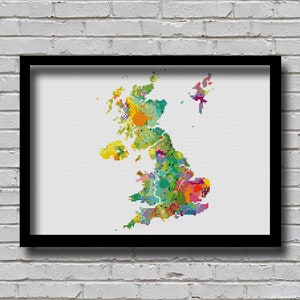 Patrón de punto de cruz CSM3 UK Mapa del Reino Unido Efecto de pintura de acuarela Diseño Mapa de viajes de estados Patrón de continente de Xstitch de países del Reino Unido