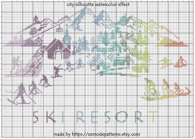 May include: Cross stitch pattern of a ski resort with a watercolor effect. The pattern features a city silhouette with mountains and trees in the background. The text "SKI RESORT" is stitched in the bottom center of the pattern.