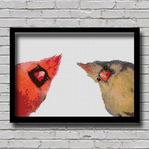 May include: A close-up of two cardinals, one red and one brown, looking at each other. The red cardinal is on the left and the brown cardinal is on the right. The background is white.