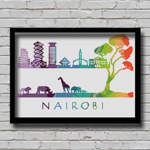 Könnte beinhalten: Eine bunte Pixel-Art-Illustration der Skyline von Nairobi mit einem Baum, der aus dem Boden wächst. Die Skyline zeigt Gebäude und eine Brücke. Der Baum ist von Tieren umgeben, darunter eine Giraffe, ein Nashorn und ein Elefant. Der Text "NAIROBI" steht unter dem Bild.