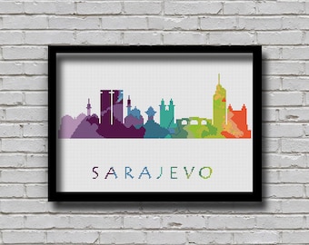 Cross Stitch Pattern Sarajevo Bosnia & Hercegovina Europe City Silhouette Watercolor Painting Effect Decor Embroidery Rainbow Color Skyline