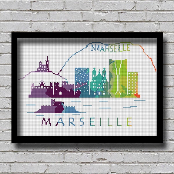 Cross Stitch Pattern Marseille France Europe City Silhouette Watercolor Effect Decor Embroidery Rainbow Color Skyline xstitch Diy Chart