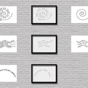 May include: Six black framed prints with white backgrounds and black text. The prints feature different text designs, including a spiral, wavy lines, and curved text. The text on the prints reads "Any kind of text is possible", "You can create text in a wavy form", and "Discover your limits".