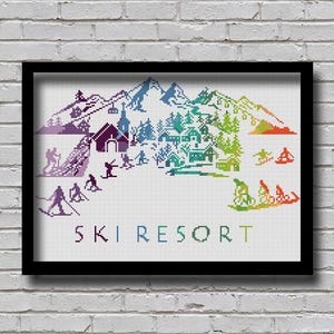 CS281 Skiort Kreuzstichmuster Silhouette Winterurlaubsort mit Aquarelleffekt Winter Panorama Bunter Urlaubsort am Fuße der Alpen xstitch