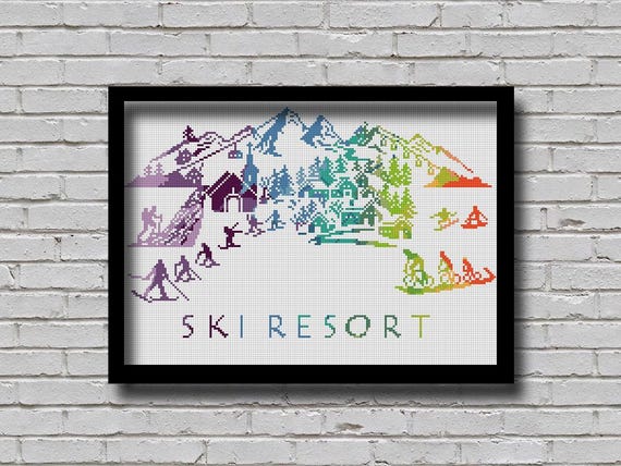 CS281 Ski Resort Cross Stitch Pattern Silhouette Colorful Holiday Resort at Foothills of the Alps