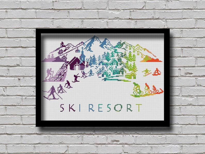 May include: A colorful cross-stitch pattern of a ski resort with a church, houses, and skiers. The text "SKI RESORT" is at the bottom of the design.