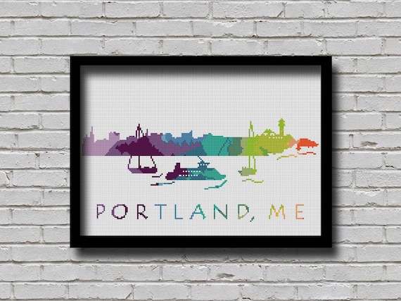 Cross Stitch Pattern Portland Maine City Silhouette Watercolor Effect Decor Modern Ornament Skyline Art Xstitch Diy Chart