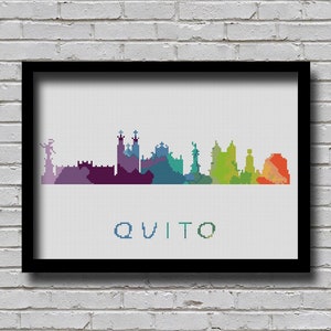 Patrón de punto de cruz de Quito, Ecuador, silueta de ciudad de Sudamérica, horizonte urbano, punto de cruz