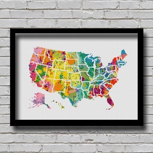 CSM2 USA Kreuzstichmuster Karte USA Landkarte Aquarellmalerei Effekt Staaten Reisekarte USA Land Xstitch Kontinent Muster