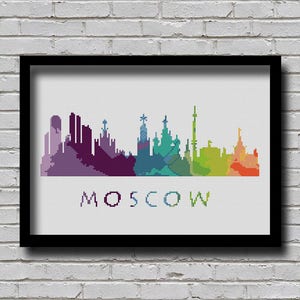 Cross Stitch Pattern Moscow Russia Eastern Europe City Silhouette Watercolor Effect Decor Embroidery Rainbow Color Skyline xstitch