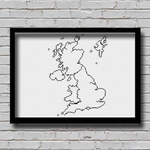 Patrón de punto de cruz contado CSM23 UK Mapa en blanco y negro del Reino Unido Mapa de viaje de los estados del Reino Unido Patrón de continente Xstitch de los países del Reino Unido