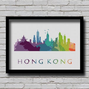 Patrón de punto de cruz Hong Kong China Ciudad Silueta Arco Iris Acuarela Pintura Efecto Decoración Moderna Bordado Ciudad Skyline Xstitch