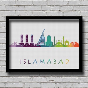 CS252 Islamabad Kreuzstichmuster Pakistan Stadt Silhouette Regenbogen Aquarell Malerei Effekt Modernes Dekor Stadtsilhouette Xstitch
