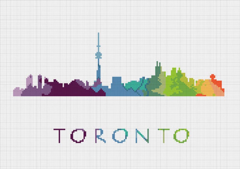 Cross Stitch Pattern Toronto Ontario Canada Capital City Silhouette Watercolor Effect Decor Rainbow Color Skyline xstitch DIY E Pattern image 2