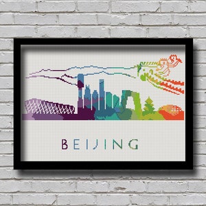 Cross Stitch Pattern Beijing China City Silhouette Rainbow Watercolor Painting Effect Modern Decor Embroidery Capital City Skyline Xstitch