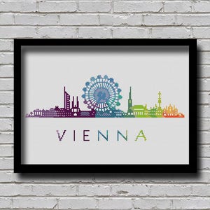 Cross Stitch Pattern Vienna Austria Europe City Silhouette Watercolor Painting Effect Decor Embroidery Rainbow Color Skyline xstitch