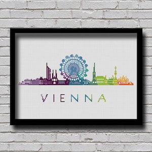 Cross Stitch Pattern Vienna Austria Europe City Silhouette Watercolor Painting Effect Decor Embroidery Rainbow Color Skyline xstitch