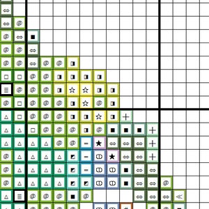 Pode incluir: Um padr&atilde;o de ponto cruz com uma variedade de s&iacute;mbolos, incluindo estrelas, quadrados, tri&acirc;ngulos e flechas. O padr&atilde;o &eacute; principalmente verde, amarelo e azul.