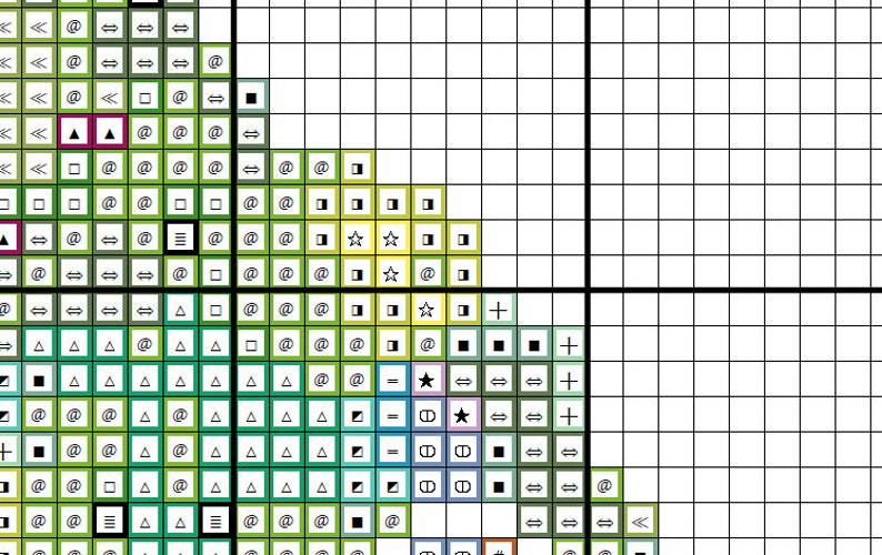 Pode incluir: Um padr&atilde;o de ponto cruz com uma variedade de s&iacute;mbolos, incluindo estrelas, quadrados, tri&acirc;ngulos e flechas. O padr&atilde;o &eacute; principalmente verde, amarelo e azul.