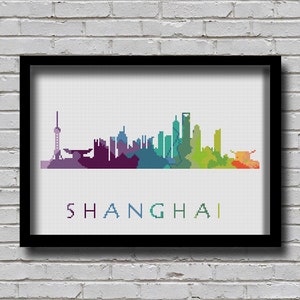 Cross Stitch Pattern Shanghai China City Silhouette Rainbow Watercolor Painting Effect Modern Decor Embroidery City Skyline Xstitch