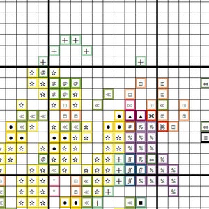 May include: A colorful cross-stitch pattern with symbols like stars, arrows, and squares. The pattern is on a white grid background.