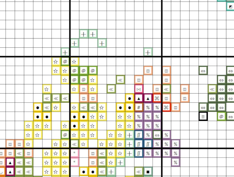 May include: A colorful cross-stitch pattern with symbols like stars, arrows, and squares. The pattern is on a white grid background.
