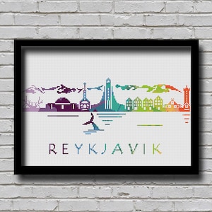 CS228 Reykjavik Cross Stitch Pattern Iceland Europe City Silhouette Watercolor Effect Painting Embroidery Rainbow Color Skyline xstitch