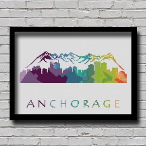 Cross Stitch Pattern Anchorage Alaska Silhouette Watercolor Painting Effect Decor Embroidery Modern Ornament Usa City Skyline Xstitch