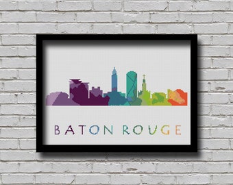 Cross Stitch Pattern Baton Rouge Louisiana City Silhouette Watercolor Effect Decor Embroidery Modern Ornament USA City Skyline Xstitch