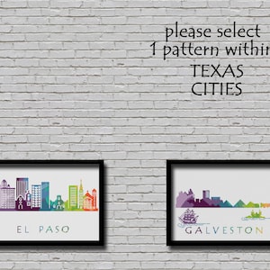 Custom Cross Stitch Pattern CS104 Galveston, CS111 College Station, CS154 Amarillo,  CS204 El Paso Texas Silhouette Usa City Skyline Xstitch