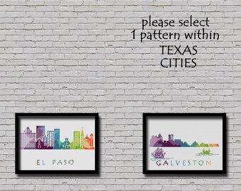 Cross Stitch Pattern El Paso, Galveston, College Station, Amarillo Texas Silhouette Watercolor Painting Effect Usa City Skyline Xstitch