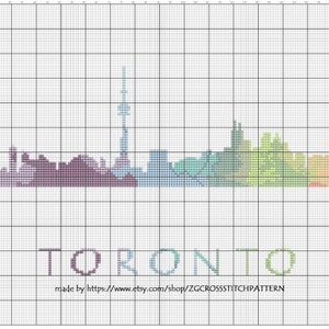 Cross Stitch Pattern Toronto Ontario Canada Capital City Silhouette Watercolor Effect Decor Rainbow Color Skyline xstitch DIY E Pattern image 3