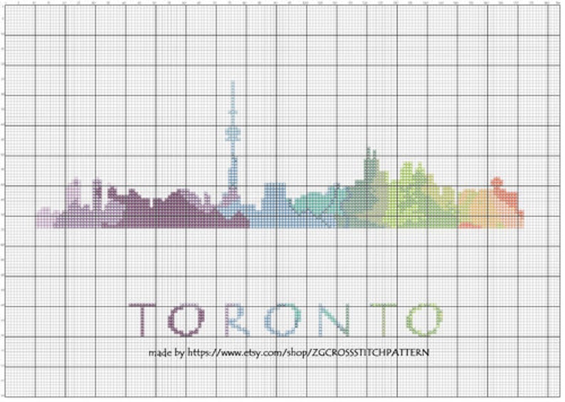 Cross Stitch Pattern Toronto Ontario Canada Capital City Silhouette Watercolor Effect Decor Rainbow Color Skyline xstitch DIY E Pattern image 3