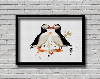 Cross Stitch Pattern Atlantic Puffin Couple Watercolour Effect Bird Animal Inspired Modern Decor Male Female Pelagic Seabirds E Pattern