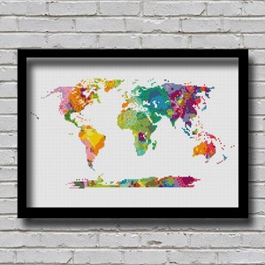 CSM20 monde, point de croix, carte du monde, silhouette #2, décor à effet aquarelle, couleurs chaudes, affiche carte du monde, affiche xstitch, bricolage imprimable