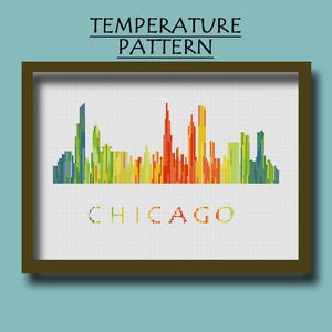 May include: A framed cross-stitch pattern featuring the Chicago skyline in a gradient of colors from blue to red to green. The text TEMPERATURE PATTERN appears above the frame, and the word CHICAGO is stitched in multicolored letters below the skyline.