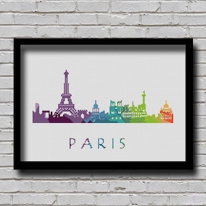 CS1 Paris Cross Stitch Pattern France Europe City Silhouette Watercolor Effect Decor Cityscape Rainbow Color Skyline xstitch Diy Chart