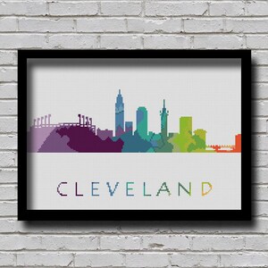 Pode incluir: Uma cidade de Cleveland, Ohio, representada em pixel art colorido. O horizonte é representado em tons de roxo, azul, verde e amarelo. A palavra "CLEVELAND" está escrita em uma fonte arco-íris abaixo do horizonte.