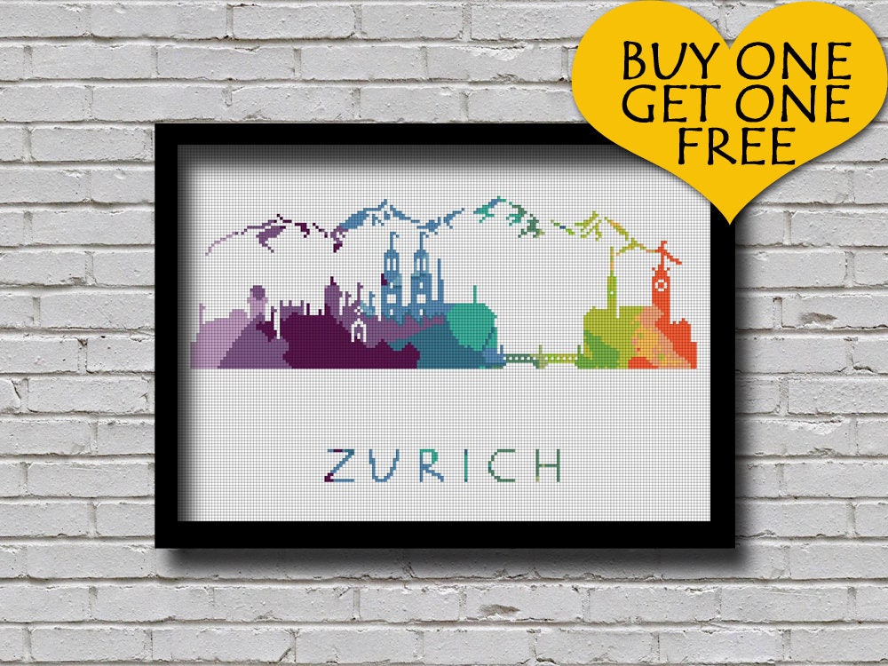 Cross Stitch Pattern Zurich Switzerland Silhouette Watercolor Etsy