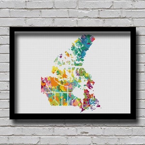 CSM5 CA, modèle de point de croix compté, carte du Canada, effet de peinture à l'aquarelle, carte de voyage des États-Unis, carte du pays du Canada, motif du continent Xstitch