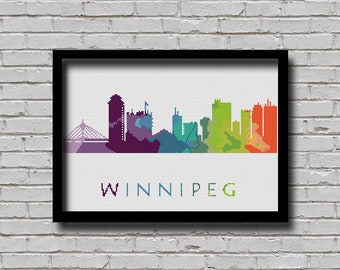 Cross Stitch Pattern Winnipeg Manitoba Canada City Silhouette Watercolor Effect Decor Rainbow Color Skyline xstitch DIY E Pattern