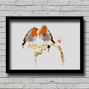 AL45WC European Robin Couple Cross Stitch Pattern Watercolor Effect Bird Animal Inspired Modern Decor  Male Female Robin Birds E Pattern