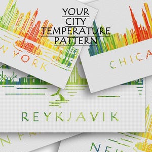May include: A collection of cross-stitch patterns featuring city skylines in a gradient of green, yellow, orange, and red. The text YOUR CITY TEMPERATURE PATTERN is visible. Each design includes the city name such as NEW YORK, CHICAGO, and REYKJAVIK.