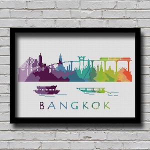 CS125 Bangkok Kreuzstichmuster Thailand Stadtsilhouette Regenbogen Aquarell Malerei Stickerei Stickerei Stadtsilhouette
