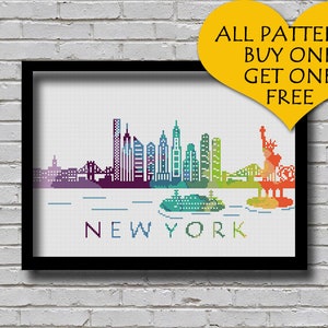 Cross Stitch Pattern New York City Silhouette Watercolor Effect Decor Embroidery Modern Ornament NYC Skyline Art xstitch Diy Chart