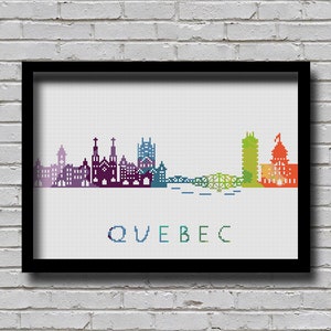CS240, ville de Québec, point de croix, silhouette de la ville de Québec, Canada, décor effet aquarelle, ligne d'horizon couleur arc-en-ciel, motif xstitch E