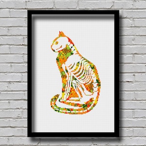 AL50SA Cat Cross Stitch Pattern Animal Anatomy Sitting Cat Skeleton Animal Silhouette Digital Pattern Watercolor Effect Skeletal Cat