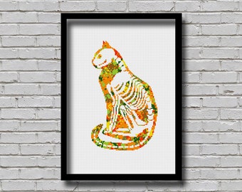 Cross Stitch Pattern Animal Anatomy Sitting Cat Skeleton Animal Silhouette Printable Digital Pattern Watercolor Effect Skeletal Anatomy Cat