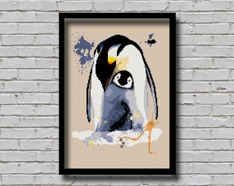 Cross Stitch Pattern Mom and Baby Penguins Watercolour Effect Flightless Bird Mother Baby Penguin Family Nature E Pattern